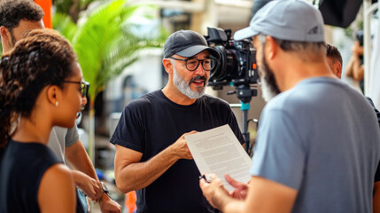 Film director discussing script with film crew on set