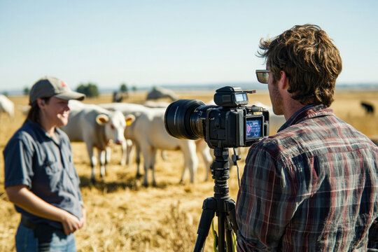 Videographer filming interview with farmer in field with cows