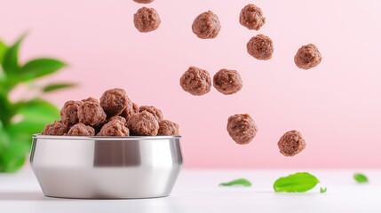 Stylish stainless steel dog food bowl with evenly sized round brown dog dry food balls falling into it. Banner with copy space.