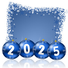 New Year 2025 illustration with Christmas balls and snowflakes on blue background. Winter concept greeting card.