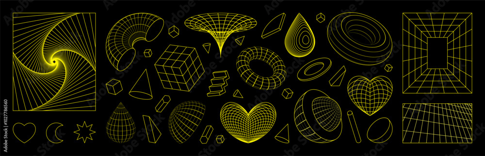 Poster Y2K shapes. 3D retro graphic figures. Line heart. Globe and vortex. Sticker with grid pattern. Tech wireframe surface. Cool geometry art. Abstract cyber line sphere. Vector icons set