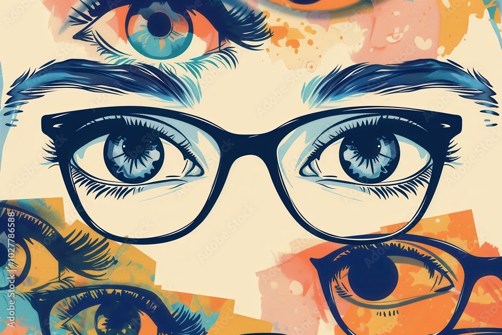 Aufkleber a striking display of fashionable eyeglasses set against a colorful backdrop of stylized eyes showca
