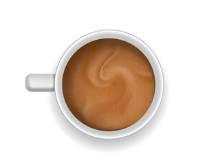 Realistic hot drink top view. Cappucino and mochachino, cafe. Ceramic cup or mug with coffee. Aroma and beverage. Poster or banner. 3D vector illustration
