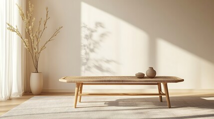 A light beige room with a light brown wooden coffee table, a beige vase with dried plants, and shadows on the wall.

