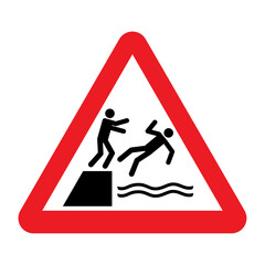 Pushing into water warning sign. Vector illustration red triangle sign with man pushing the other man. Risk of falling. Safety symbol isolated on white background.