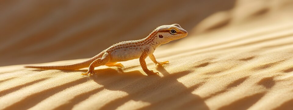 A small lizard with striped skin perches on the sand dunes of an arid desert landscape
