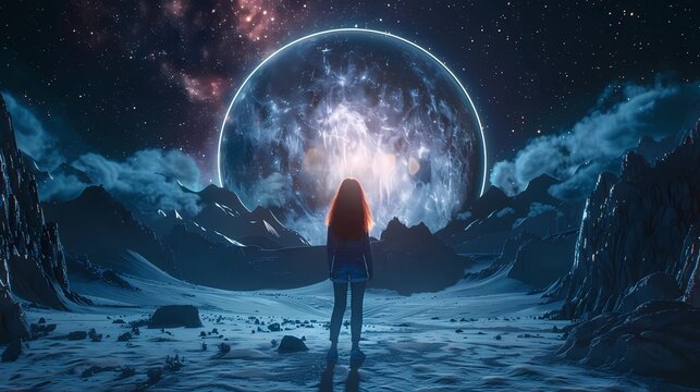 A  girl with long red hair and dressed in jeans and trainers inside an orb of white light in a starry sky, galaxy, Generative AI illustrations.
