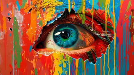 Obraz premium An robot eye with an iris made of printed circuit board peers through the screen from behind through a curtain, the robot tears a hole through the canvas from behind, Generative AI illustrations. 