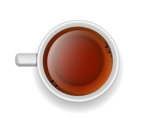 Realistic hot drink top view. Cappucino and mochachino, cafe. Ceramic cup or mug with coffee and tea. Aroma and beverage. Poster or banner. 3D vector illustration