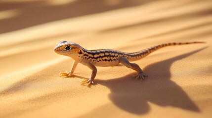 Obraz premium A small lizard with striped skin perches on the sand dunes of an arid desert landscape
