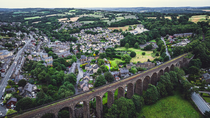 Rail viaduct going through the small town in Yorkshire, Denby Dale, Huddersfield, UK