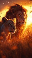 Majestic Lions Walking Through the Grass at Sunset