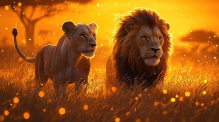 Wildlife Scene of Lions in Golden Light on African Plains