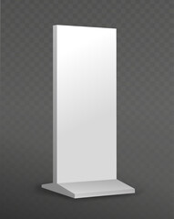 Realistic promotional billboard. Vertical advertising and marketing. Commercial flag. Place for presentation. Poster or banner. 3D vector illustration