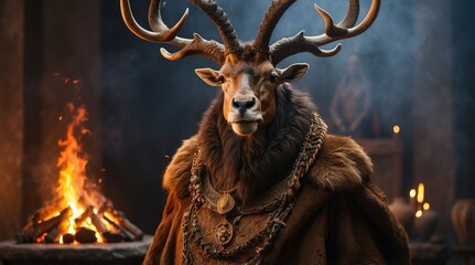 A dramatic, dark-fantasy image of a towering humanoid figure with a demonic appearance.