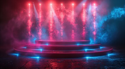 Glowing Portal Dance Floor, vibrant blue and red rays illuminating a futuristic disco club, a mesmerizing stage with a magical atmosphere and dynamic light effects.