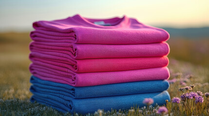 Neatly stacked pink shirts in various shades, showcasing a vibrant color palette and the essence of casual fashion.