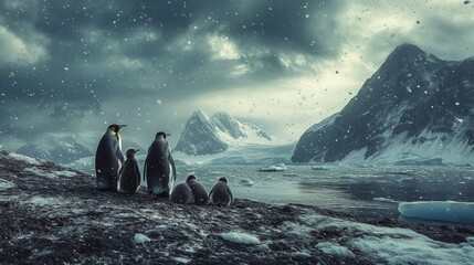 Emperor Penguins with Chicks on Antarctic Shoreline