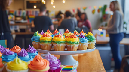 An LGBTQ and allies group hosting a fundraiser in the office to support local LGBTQ organizations with rainbow-colored cupcakes and donation boxes spread around the room.