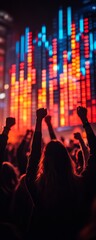 Group of people cheering during stock market boom close up, focus on, copy space soft natural lighting, Double exposure silhouette with rising stock charts