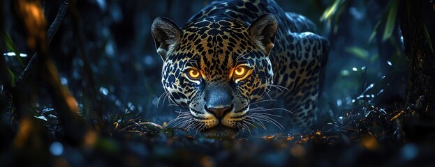 Jaguar Stalking Through Jungle at Night with Glowing Eyes