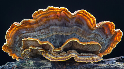 Fototapeta premium Layered Orange and White Shelf Fungus on Wood Closeup Macro Photography