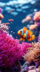 Clownfish in Vibrant Coral Reef with Colorful Sea Anemones