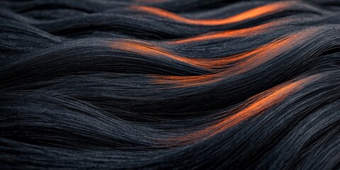 Fototapeta premium Close-up of dark flowing textures with subtle orange highlights, resembling waves or strands creating a sense of movement and depth.