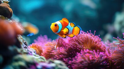 Clownfish in Vibrant Coral Reef with Colorful Sea Anemones