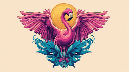 Obraz premium Pink Flamingo with Spread Wings Tropical Leaves Sun Artistic Illustration