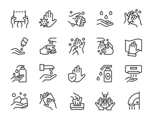Hand wash icons. Clean palms with water and soap suds. Rub foam dryer and wipe signs. Outline towel and paper napkin. Cleanser bottle dispenser. Arm sanitizer. Vector hygiene symbols set
