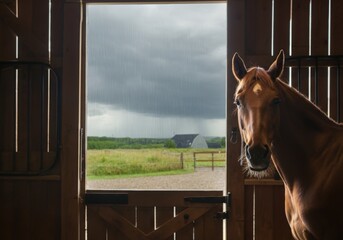 Chestnut horse standing at the entrance of a stable with a dramatic sky in the background