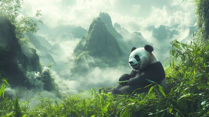 Obraz premium Close-Up of a Panda Chewing Bamboo in Lush Greenery