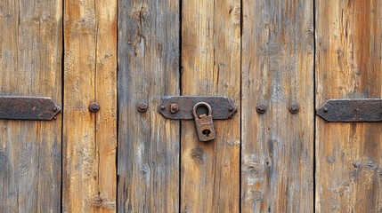 Fototapeta premium Old Rusty Padlock on Rustic Wooden Door