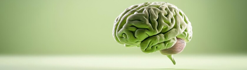 Fototapeta premium Floating green brain on soft gradient background, symbolizing creativity and thought.