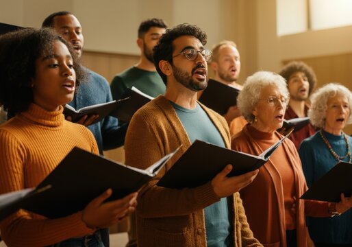 Diverse group of singers are passionately performing together as a choir