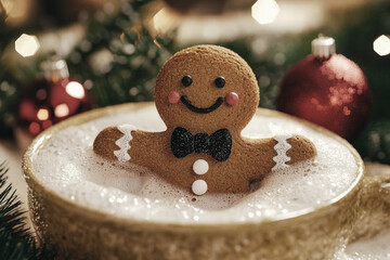Happy Gingerbread Man Floating in Foamy Milk, Festive Christmas Setting