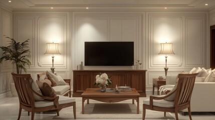An elegant living room with white walls, wooden furniture, and soft lighting from lamps above, including a large TV