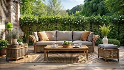 Garden patio decorated with a stylish Scandinavian wicker sofa and coffee table, plant, decor, greenery, wicker, patio, comfortable,garden, cozy, bird's eye view, sofa, relaxation, stylish
