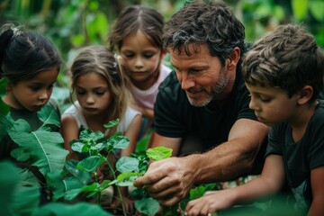 Group of elementary school students learning about plants from their teacher during an outdoor class in the forest