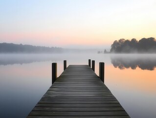 tranquil lakeside pier at dawn, mist rolling over still waters. long wooden dock stretches into distance, silhouetted against pastel sky