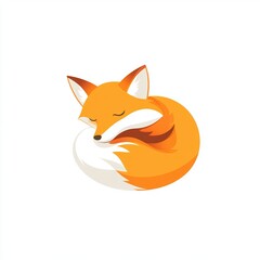 Obraz premium A minimalist flat design illustration of a cute fox curled up and sleeping, featuring smooth lines and warm orange and white tones, creating a calm and serene aesthetic