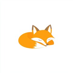 Obraz premium A modern flat design illustration of a cute fox curled up and sleeping, featuring simple shapes and soft orange and white tones, conveying a sense of warmth and tranquility