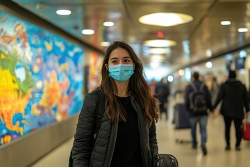 Fototapeta premium Young woman is walking through a busy airport terminal wearing a protective face mask