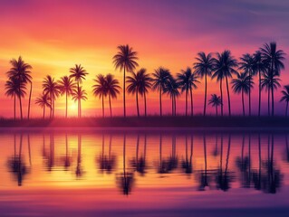 tropical beach sunset silhouetting a variety of palm trees, gradient sky from deep orange to purple, reflections on calm water