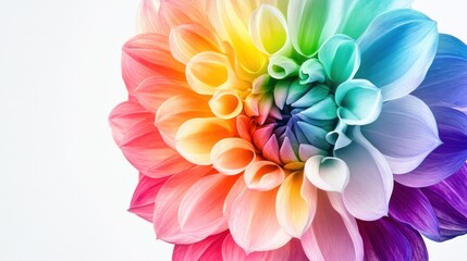 Obraz premium A vibrant, multi-colored dahlia flower with petals in a rainbow pattern against a white background.