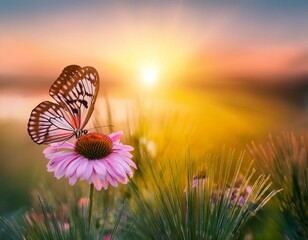 beautiful natural pastel background butterfly and flower against on a background of sunrise