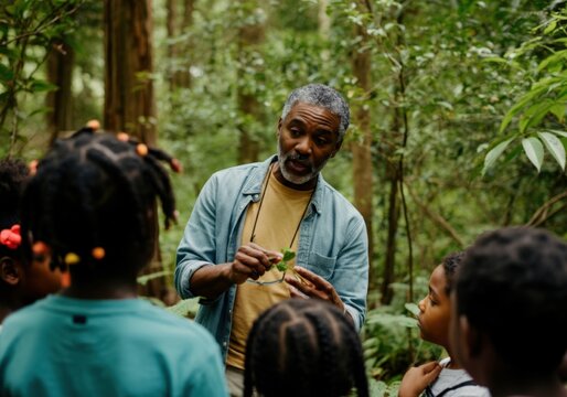 Group of elementary school students learning about plants from their teacher during a field trip to the forest - Powered by Adobe