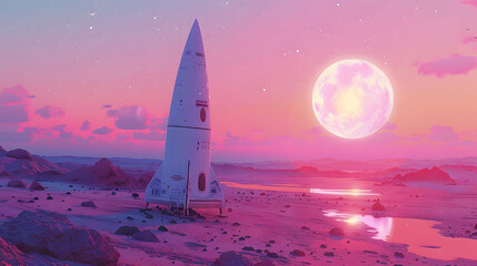 Naklejka premium A sleek rocket stands on a barren alien landscape, illuminated by a vibrant pink sunset and a glowing full moon, evoking futuristic exploration