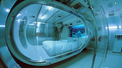A picture from 1980s architectural magazine, shot on panoramic fisheye lens, inside the sleeping pod in Tokyo, silver metal and glossy white and blue metal interior, Generative AI illustrations.